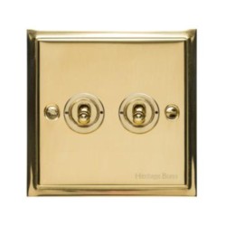2 Gang 2 Way 20A Dolly Switch in Polished Brass Plate and Dolly, Elite Stepped Flat Plate