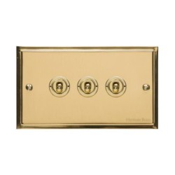 3 Gang 2 Way 20A Dolly Switch in Polished Brass Plate and Dolly, Elite Stepped Flat Plate