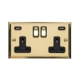 2 Gang 13A Socket with 2 USB Sockets Elite Stepped Flat Polished Brass Plate and Rockers with Black Plastic Insert