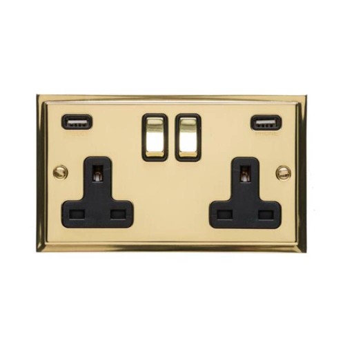 2 Gang 13A Socket with 2 USB Sockets Elite Stepped Flat Polished Brass Plate and Rockers with Black Plastic Insert