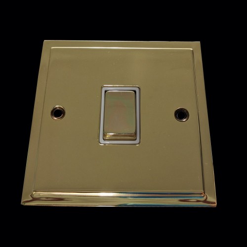 1 Gang 2 Way 10A Rocker Switch in Polished Brass and White Trim Elite Stepped Flat Plate