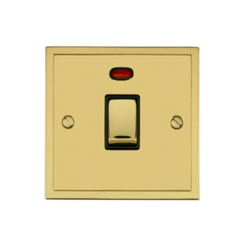 1 Gang 20A Double Pole Switch with Neon in Polished Brass and Black Trim Elite Stepped Flat Plate