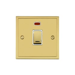 1 Gang 20A Double Pole Switch with Neon in Polished Brass and White Trim Elite Stepped Flat Plate