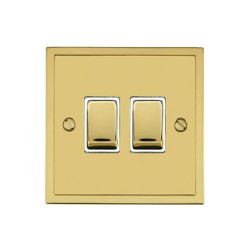 2 Gang 2 Way 10A Rocker Switch in Polished Brass and White Trim Elite Stepped Flat Plate