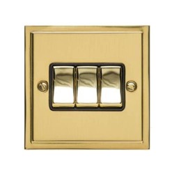 3 Gang 2 Way 10A Rocker Switch in Polished Brass and Black Trim Elite Stepped Flat Plate