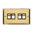 4 Gang 2 Way 10A Rocker Switch in Polished Brass and Black Trim Elite Stepped Flat Plate