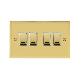 4 Gang 2 Way 10A Rocker Switch in Polished Brass and White Trim Elite Stepped Flat Plate