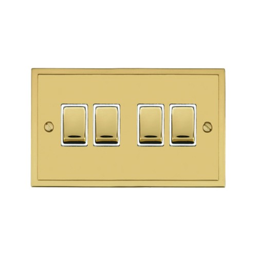 4 Gang 2 Way 10A Rocker Switch in Polished Brass and White Trim Elite Stepped Flat Plate