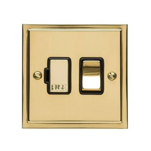 13A Switched Fused Spur in Polished Brass Plate and Switch with Black Trim Elite Stepped Flat Plate