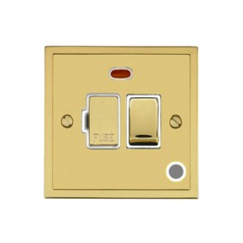 13A Switched Fused Spur with Neon and Cord in Polished Brass and White Trim Elite Stepped Flat Plate