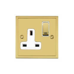 13A Switched Single Socket in Polished Brass and White Trim Elite Stepped Flat Plate