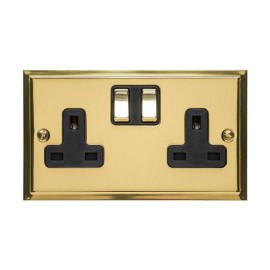 2 Gang 13A Switched Double Socket in Polished Brass and Black Trim Elite Stepped Flat Plate