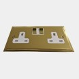 2 Gang 13A Switched Double Socket in Polished Brass and White Trim Elite Stepped Flat Plate