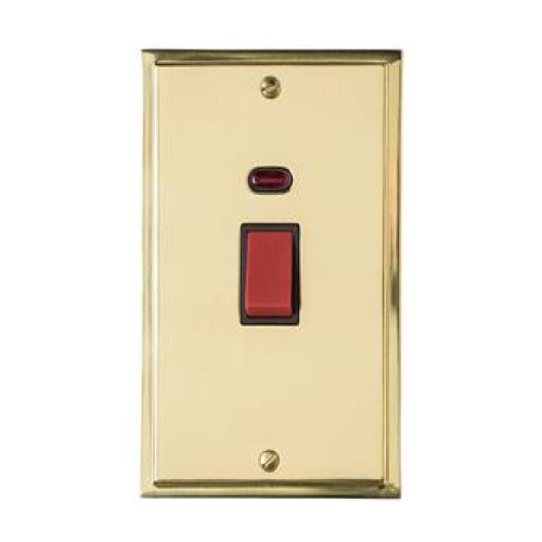 45A Red Rocker Cooker Switch with Neon (Twin Plate) in Polished Brass with Black Trim Elite Stepped Flat Plate