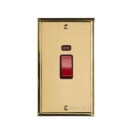 45A Red Rocker Cooker Switch with Neon (Twin Plate) in Polished Brass with Black Trim Elite Stepped Flat Plate