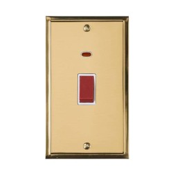 45A Red Rocker Cooker Switch with Neon (Twin Plate) in Polished Brass with White Trim Elite Stepped Flat Plate