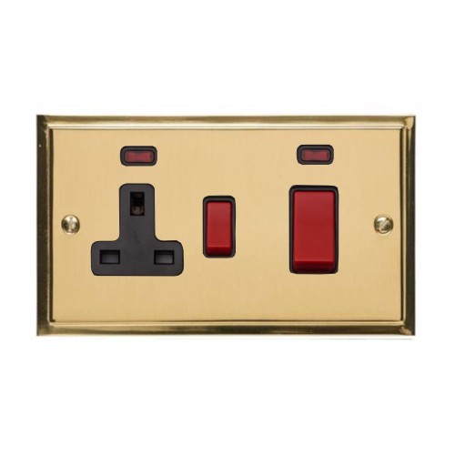45A Cooker Unit with 13A Switched Socket and Neon in Polished Brass with Black Trim Elite Stepped Flat Plate