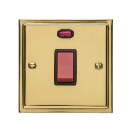 45A Red Rocker Cooker Switch (Single Plate) with Neon in Polished Brass with Black Trim Elite Stepped Flat Plate
