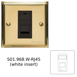1 Gang RJ45 Data Socket Outlet in Polished Brass with White Trim Elite Stepped Flat Plate