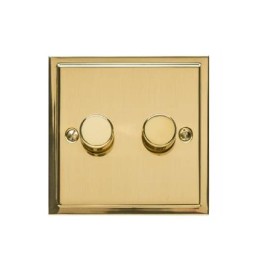 2 Gang 2 Way Trailing Edge LED Dimmer 10-120W in Polished Brass, Elite Stepped Flat Plate