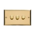 3 Gang 2 Way Trailing Edge LED Dimmer 10-120W in Polished Brass, Elite Stepped Flat Plate