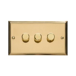 3 Gang 2 Way Trailing Edge LED Dimmer 10-120W in Polished Brass, Elite Stepped Flat Plate