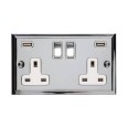 2 Gang 13A Socket with 2 USB Sockets Elite Stepped Flat Polished Chrome Plate and Rockers with White Plastic Insert