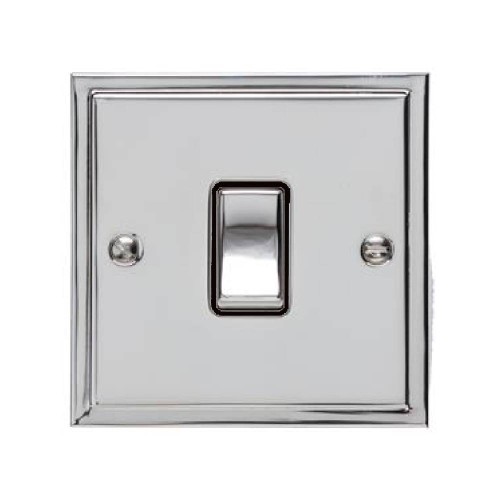 1 Gang 2 Way 10A Rocker Switch in Polished Chrome and Black Trim Elite Stepped Flat Plate