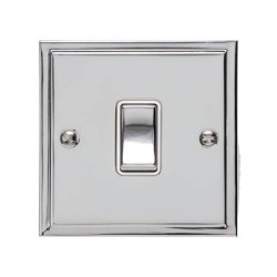 1 Gang 2 Way 10A Rocker Switch in Polished Chrome and White Trim Elite Stepped Flat Plate