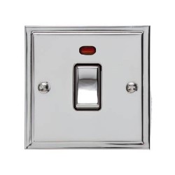 1 Gang 20A Double Pole Switch with Neon in Polished Chrome and Black Trim Elite Stepped Flat Plate