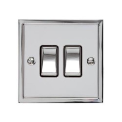 2 Gang 2 Way 10A Rocker Switch in Polished Chrome and Black Trim Elite Stepped Flat Plate
