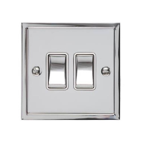 2 Gang 2 Way 10A Rocker Switch in Polished Chrome and White Trim Elite Stepped Flat Plate