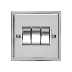 3 Gang 2 Way 10A Rocker Switch in Polished Chrome and White Trim Elite Stepped Flat Plate
