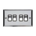 4 Gang 2 Way 10A Rocker Switch in Polished Chrome and Black Trim Elite Stepped Flat Plate