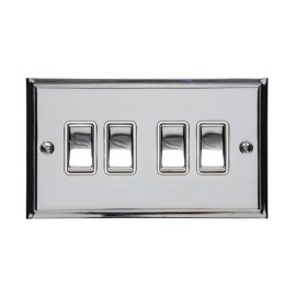 4 Gang 2 Way 10A Rocker Switch in Polished Chrome and White Trim Elite Stepped Flat Plate