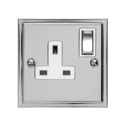 13A Switched Single Socket in Polished Chrome and White Trim Elite Stepped Flat Plate