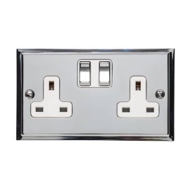 2 Gang 13A Switched Double Socket in Polished Chrome and White Trim Elite Stepped Flat Plate