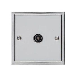1 Gang Non-Isolated TV Coaxial Socket in Polished Chrome with Black Trim Elite Stepped Flat Plate