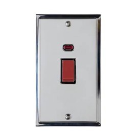 45A Red Rocker Cooker Switch with Neon (Twin Plate) in Polished Chrome with Black Trim Elite Stepped Flat Plate