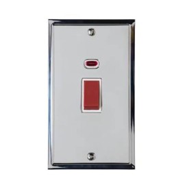 45A Red Rocker Cooker Switch with Neon (Twin Plate) in Polished Chrome with White Trim Elite Stepped Flat Plate