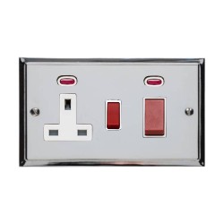 45A Cooker Unit with 13A Switched Socket and Neon in Polished Chrome with White Trim Elite Stepped Flat Plate