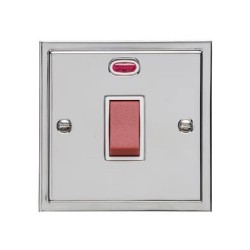 45A Red Rocker Cooker Switch (Single Plate) with Neon in Polished Chrome with White Trim Elite Stepped Flat Plate