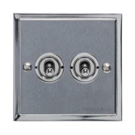 2 Gang 2 Way 20A Dolly Switch in Satin Chrome Elite Stepped Flat Plate with Polished Chrome Edge and Toggle