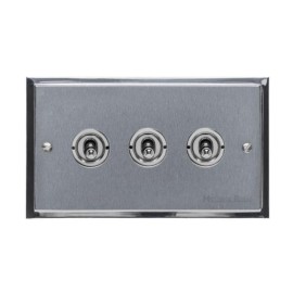 3 Gang 2 Way 20A Dolly Switch in Satin Chrome Elite Stepped Flat Plate with Polished Chrome Edge and Toggle