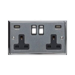 2 Gang 13A Socket with 2 USB Sockets Elite Stepped Flat Satin Chrome Plate and Rockers with Black Plastic Insert