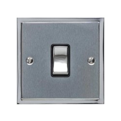 1 Gang Intermediate 10A Rocker Switch in Satin Chrome with Polished Chrome Edge and Rocker and Black Trim, Elite Stepped Flat Plate
