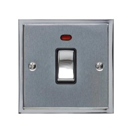 1 Gang 20A Double Pole Switch with Neon in Satin Chrome with Polished Chrome Edge and Rocker and Black Trim, Elite Stepped Flat Plate
