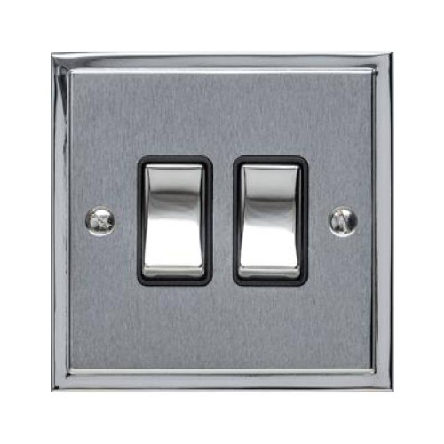 2 Gang 2 Way 10A Rocker Switch in Satin Chrome with Polished Chrome Edge and Rocker and Black Trim, Elite Stepped Flat Plate
