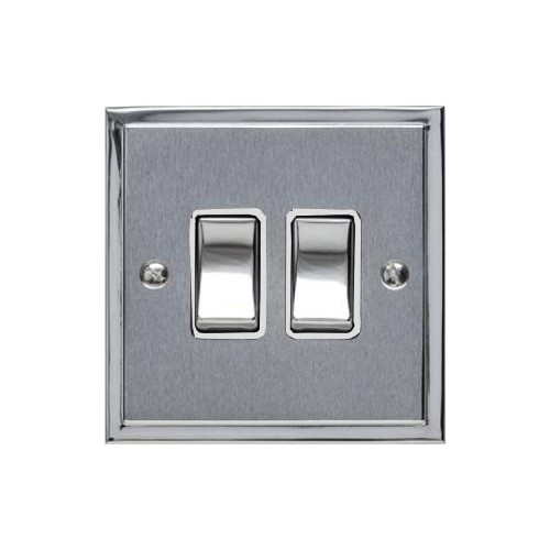 2 Gang 2 Way 10A Rocker Switch in Satin Chrome with Polished Chrome Edge and Rocker and White Trim, Elite Stepped Flat Plate