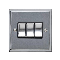 3 Gang 2 Way 10A Rocker Switch in Satin Chrome with Polished Chrome Edge and Rocker and Black Trim, Elite Stepped Flat Plate